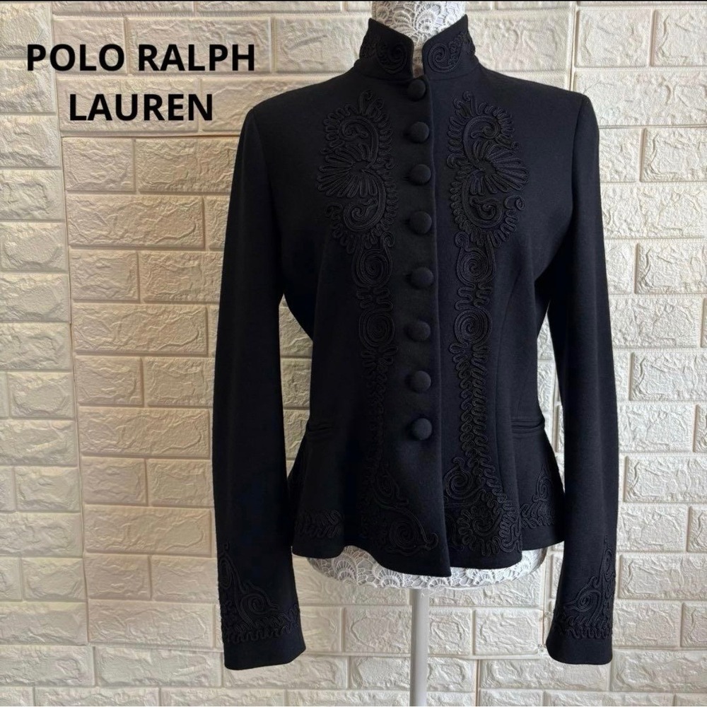 Polo Ralph Lauren Black Wool Soutache Military Peplum Jacket Women 4 Embroidered